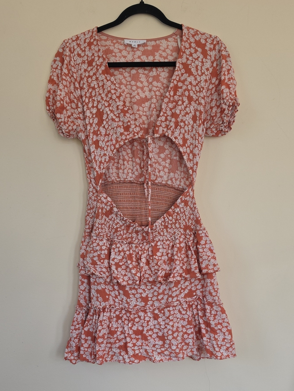 Mable Floral Waist Cutout Ruffle Mini Dress Rust/Coral - Medium